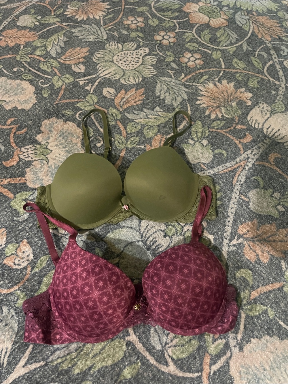 Victoria's Secret Olive Green T-Shirt Bra & Wine Patterned Bra